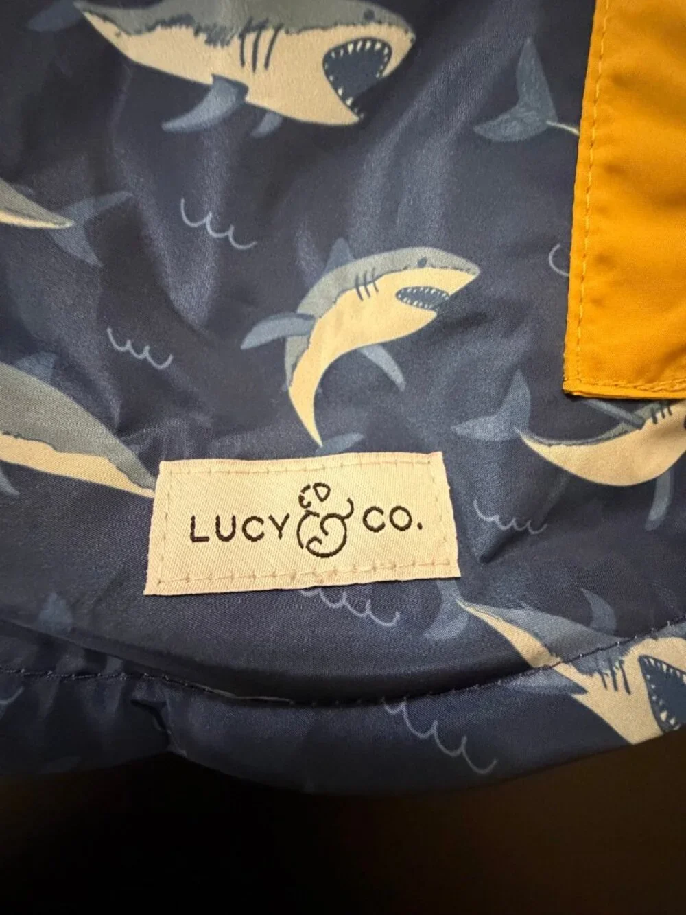 Lucy & Co. Shark Attack Reversible Dog Raincoat Size L Yellow Navy